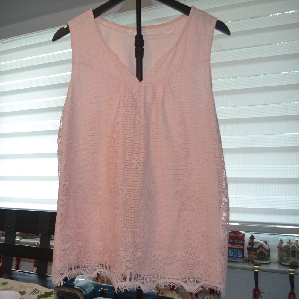 Pre-owned Style&co Women's pink V neck lace trim sleeveless blouse size PL.